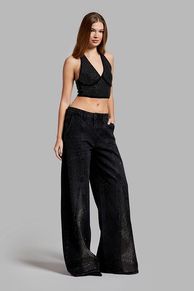 its basic Dunkel geräucherter Damen-Denim – Palazzo-Passform, glänzende Steindetails