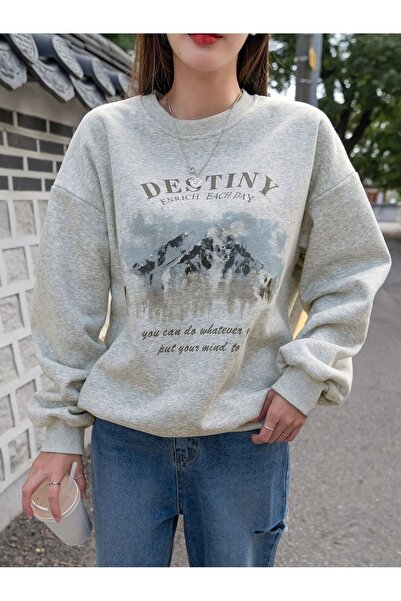 Frisson Φούτερ Destiny Enrich - Γκρι εμπριμέ Oversize βολάν λαιμόκοψη