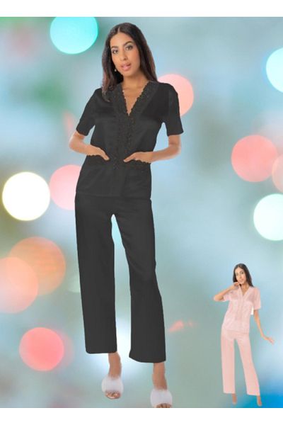 Cooqpoo Set de pijamale cu mânecă scurtă din satin, cu guler brodat, mărimea S-M-L-XL, cu buzunare