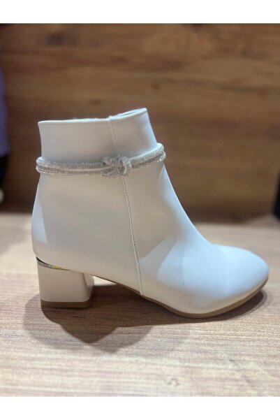 FLORİN Beyaz Taşlı Kalın Topuk  Bot