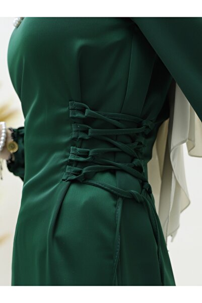 Modamorfo Σμαραγδένιο Σατέν Φόρεμα - Δεμένα Πλαϊνά και Ελαστικό Μανίκι