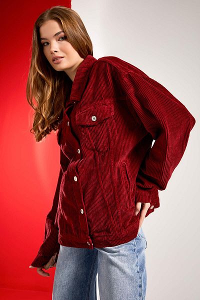 its basic Jachetă oversize din țesătură din velur gros de culoare burgundy pentru femei