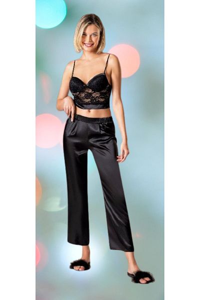 Cooqpoo Set de pijamale cu bretele din satin, negru, uni, elegant, mărimea S-M-L-XL