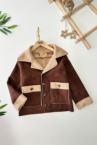 Minigimin Cicileri Jachetă de piele de căprioară pentru copilul meu unisex - 6-13 ani, cu blană și nasturi, maro închis