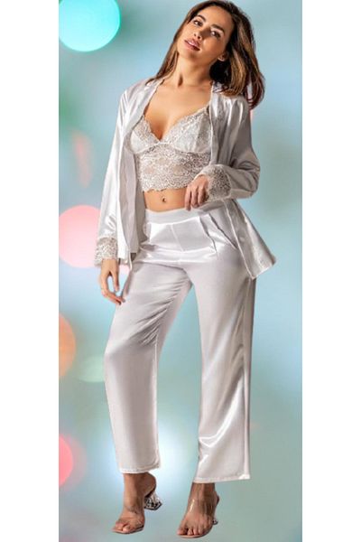 Cooqpoo Set de pijamale cu bretele din satin, alb, uni, elegant, mărimea S-M-L-XL
