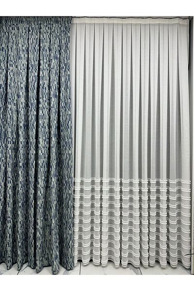 Taç Blue Detailed Aqua Green Floor Background Curtain 1/3 Close Pleat