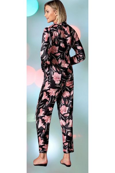 Cooqpoo Set de pijamale cu mânecă lungă din satin, cu nasturi, cu flori, roz negru, mărimea S-M-L-XL