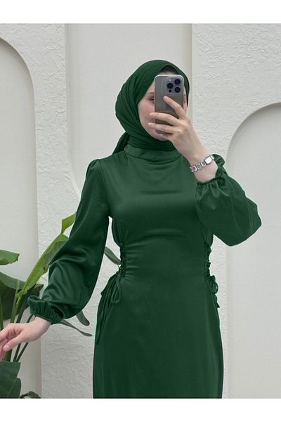 Modamorfo Rochie din satin smarald - cu cravată laterală și mânecă elastică