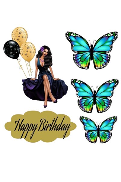 sevvom YENİLEBİLİR KAĞIT HAPPY BİRTHDAY YAZILI BALON KELEBEK KADIN RESİMLİ PA...