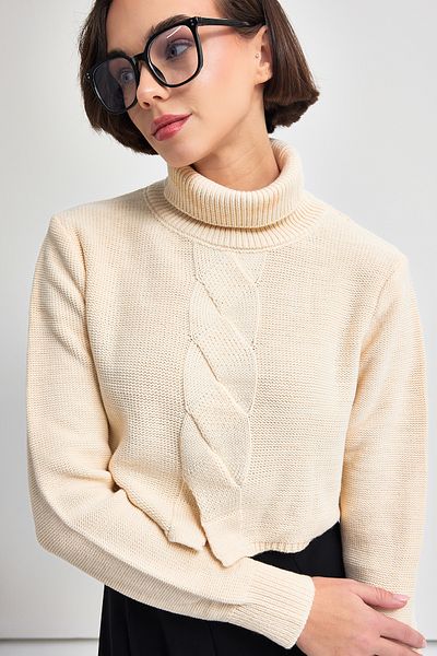 LAMODEMAPASS Pulover din tricot crop ecru cu talie înaltă DALIA