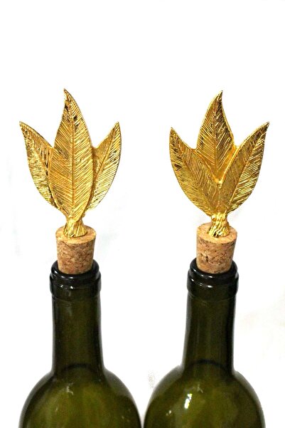 Jenisa Altın 3 Yaprak Figürlü 2 Adet Mantar Tıpa - Şarap Yağdanlık Şişe