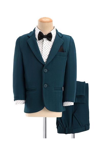 Babyhug Full Sleeves Three Piece Party Suit with Bow & Stretch - White & Teal Blue