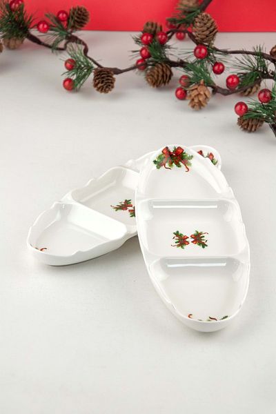 Bursa Porselen Dekor Red Bows Porcelain Plate with 2 Compartments