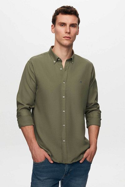 D'S Damat Slim Fit khaki Oxford límec s knoflíky Bavlněná košile se snadno žehlícími detaily výšivky