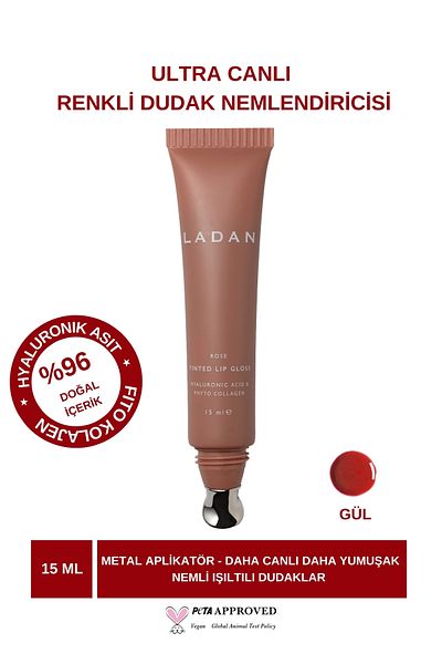 LADAN Lip Gloss with Colored Metal Applicator - Moisturizing and Nourishing, Rose 15ml