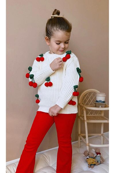 Lolliboomkids Girl's Dangle Cherry Applique Knitwear Sweater Ribbed Leggings Bottom Top Set 2 Pieces