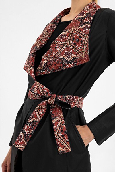 Deriderim Golia Siyah Içi Kumaşlı Beli Kemerli Çift Taraflı Kadın Hakiki Deri Kaban