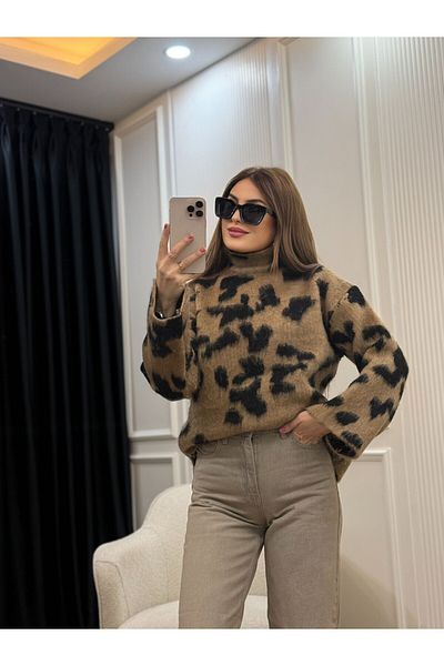 Flow Pulover leopard cu guler vertical de mărime standard