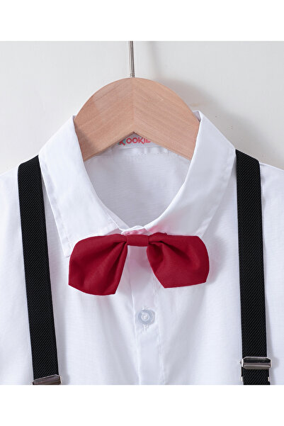 Kookie Kids Solid Shirt & Short Bottom Set With Suspenders & Bow Tie - White & Black