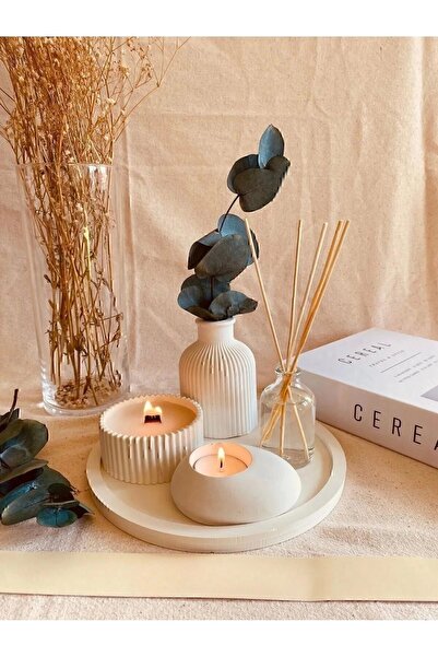 Forte Vie Dekoratif Tepside 5 Li Set Çizgili Vazo, Vanilya Koku Ahşap Fitil Mum, Tealight Mumluk, Oda Koku