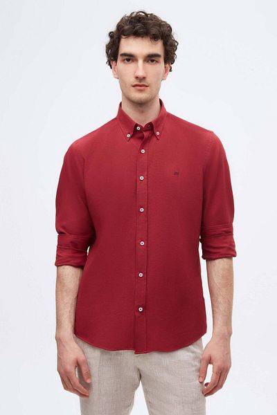 D'S Damat Slim Fit Claret Red Oxford με κουμπιά γιακά που σιδερώνει εύκολα βαμβακερό πουκάμισο με λεπτομέρεια κεντήματος