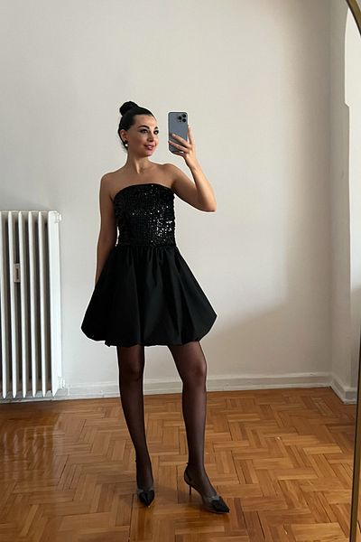Seda Yalçın Atelier Black Paris Sequined Strapless Sleeveless Mini Balloon Dress