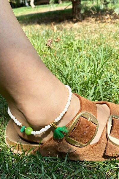 Sose Moda Women's Young Beaded Green Heart Detailed Adjustable Anklet