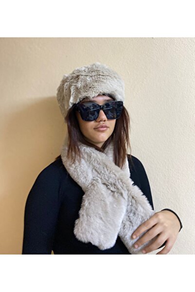 sema aksesuar Valentine's Day Gift Furry Plush Heart Hat and Scarf Set - Winter Faux Fur