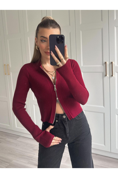 My Blog Burgundy Double Zippered Adjustable Cardigan with Hand Fitting Detail - 14506