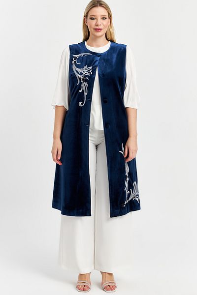 İnce Long Vest with Embroidery and Processing Details