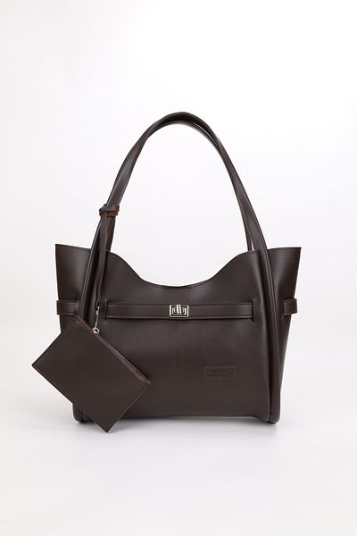 NOTHING Bitter Brown Color Snap Fastener Women's Hand and Shoulder Bag - with Wallet, Makeup Bag, L:25 W:38 W:15 cm