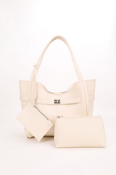 NOTHING Women's Hand and Shoulder Bag with Snap Fastener Cream Wallet and Makeup Bag L:25 W:38 W:15 cm