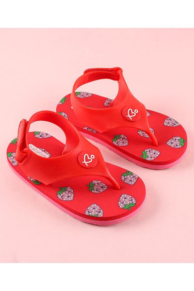 Babyoye Flip Flops with Velcro Closure Strawberry Print - Red