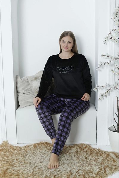 Pijamoni Plus Size Velvet Fabric K. Black Pajama Set - 4230