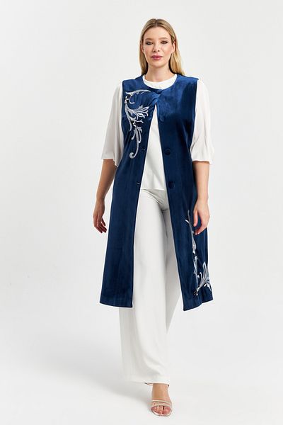 İnce Long Vest with Embroidery and Processing Details