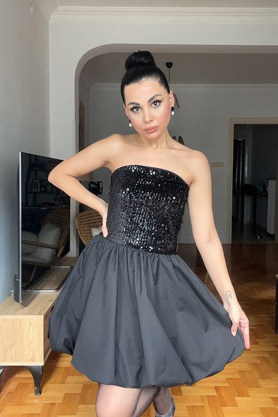 Seda Yalçın Atelier Black Paris Sequined Strapless Sleeveless Mini Balloon Dress