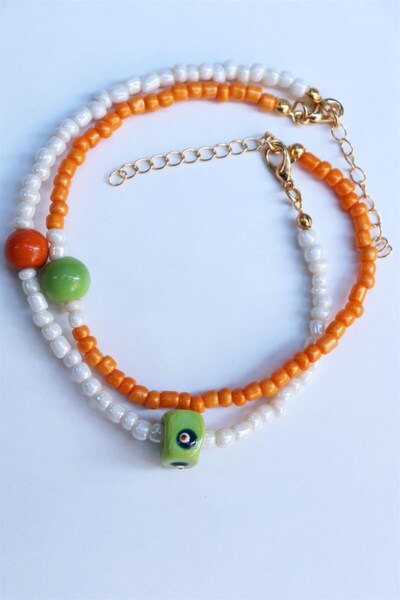 Sose Moda Green and Evil Eye Beaded Double Anklet