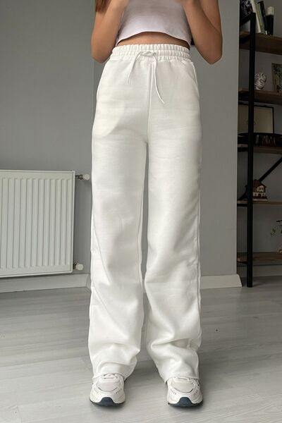 Orihime Kadın Beyaz 3 Iplik Polarlı Yüksek Bel Bol Paça Eşofman Altı