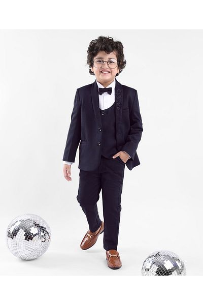 Babyhug Full Sleeves 4 Pieces Party Suit With Bow - Navy Blue