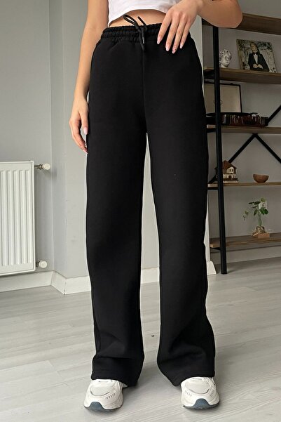 Orihime Kadın Siyah 3 Iplik Polarlı Yüksek Bel Bol Paça Eşofman Altı