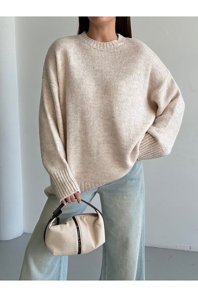 Laluvia Ecrufarbener, einfarbiger, dicker Basic-Pullover – 4700