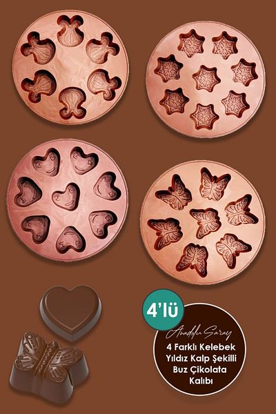 Anadolu Saray 4Pcs Star Heart and Butterfly Shaped Chocolate Mold Heart Star Chocolate Candy Ice Mold