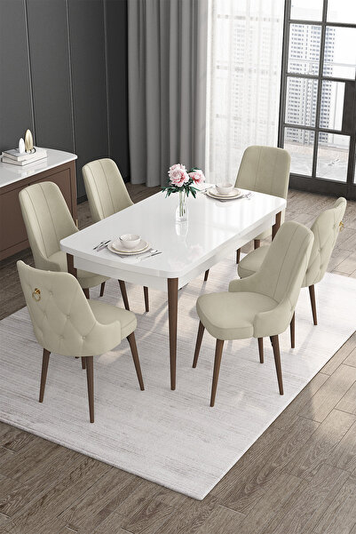 Canisa Noa Serisi 80x132 Mdf Açılabilir Beyaz Masa Ceviz Ayak Masa Takımı Ve ...