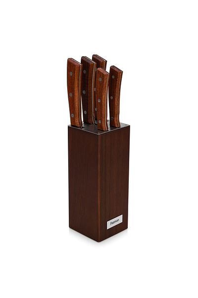 Fissman 6-Piece Stainless Steel Knife Set w/ Wooden Block, Chef Knife, Bread Knife (Dark Brown)