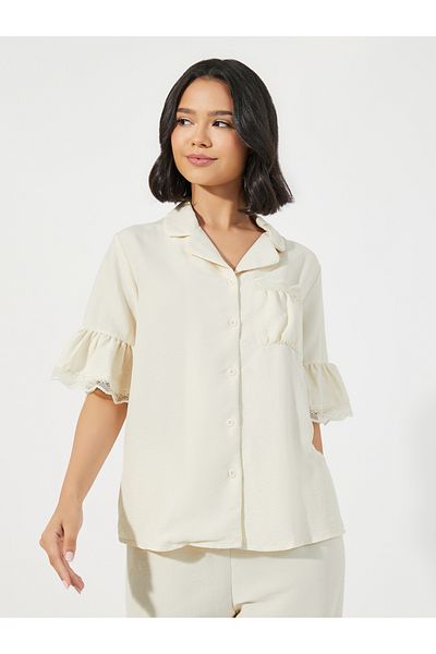 Styli Textured Ruffled Hem Lace Detail Shirt & Pyjama Set