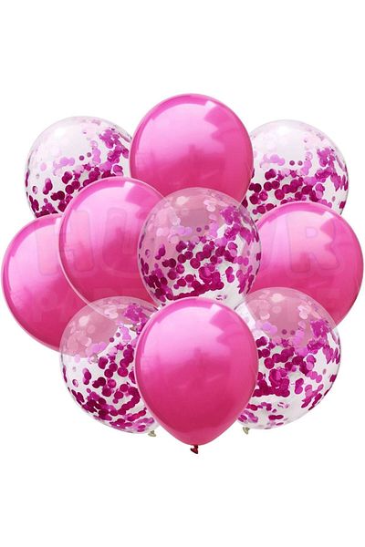 Ezgi Party Store 20 Pieces 30 cm Fuchsia and Clear Metallic Sequin Balloon Set - Dark Pink