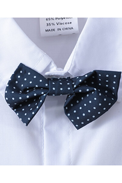 Kookie Kids Solid Shirt & Short Bottom Set With Suspenders & Bow Tie - White & Black