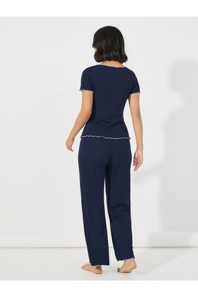 Styli Mono Contrast Edge Rib Wrap Over T-Shirt & Pyjama Set