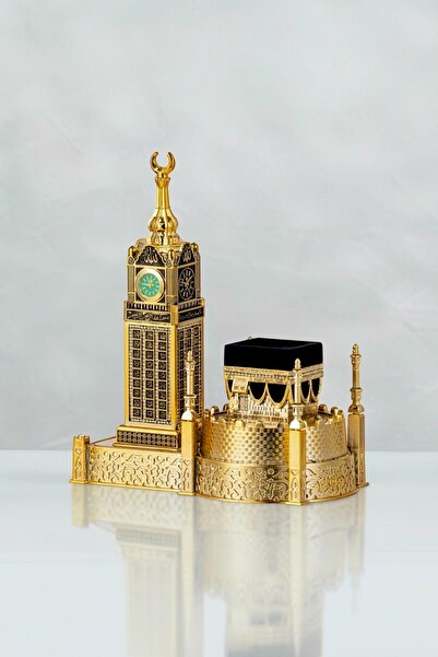 Güncel Vitrin Zirkon Taşlı Kale Duvarlı Kabe/Zemzem Kulesi Biblo & Saat 23*26 cm