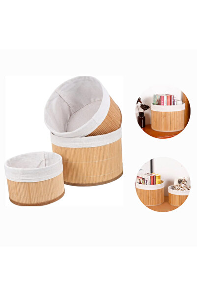 sengenegel 3'lü Bambu yuvarlak Sepet - Çok Amaçlı Saklama Kutusu - Banyo Kozm...